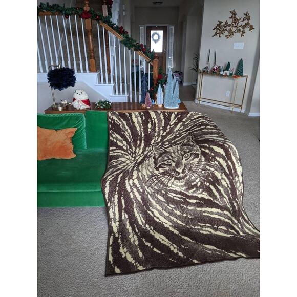 vintage KITTY CAT Print Reversible BLANKET fleece cream brown animal print - Picture 4 of 9